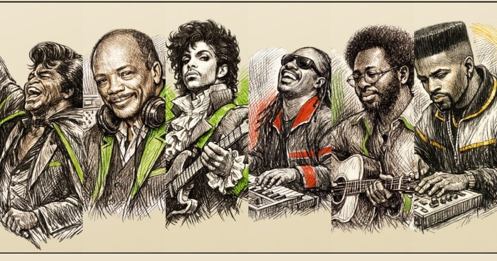 Illustrated portraits of R&B producers James Brown, Quincy Jones, Prince, Stevie Wonder, Curtis Mayfield and Teddy Riley