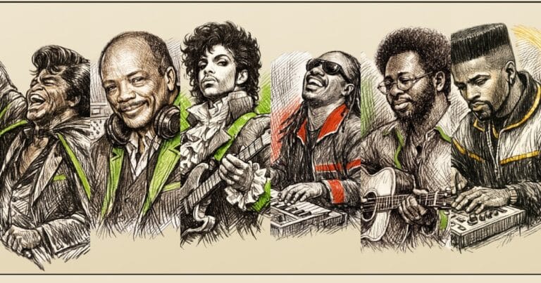 Illustrated portraits of R&B producers James Brown, Quincy Jones, Prince, Stevie Wonder, Curtis Mayfield and Teddy Riley