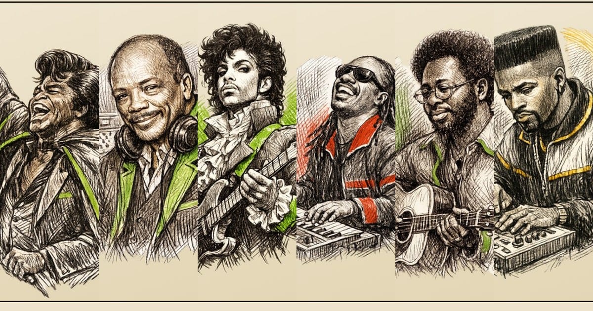 Illustrated portraits of R&B producers James Brown, Quincy Jones, Prince, Stevie Wonder, Curtis Mayfield and Teddy Riley