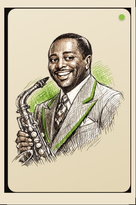 Illustrated portrait of Louis Jordan performing with a saxophone