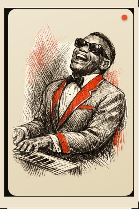 Illustrated portrait of Ray Charles at the piano