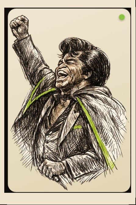 Illustrated portrait of James Brown performing with a raised fist