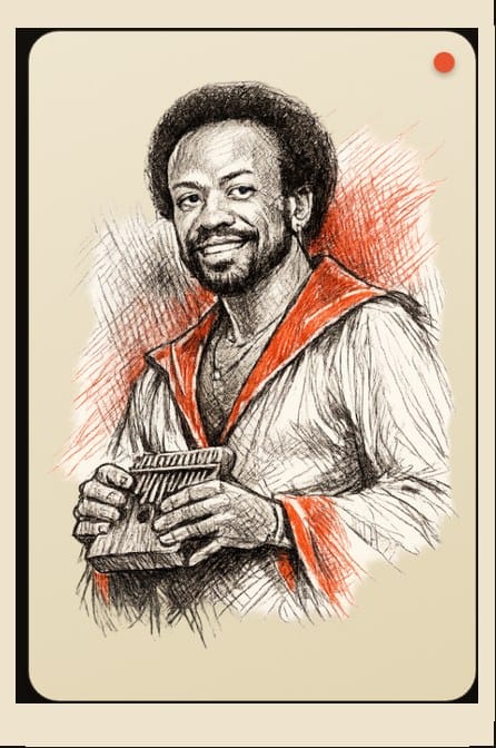Illustrated portrait of Maurice White of Earth, Wind & Fire with a kalimba