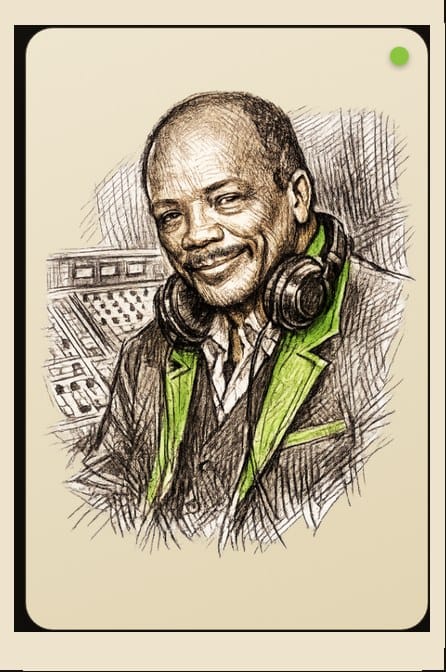 Illustrated portrait of producer Quincy Jones wearing studio headphones