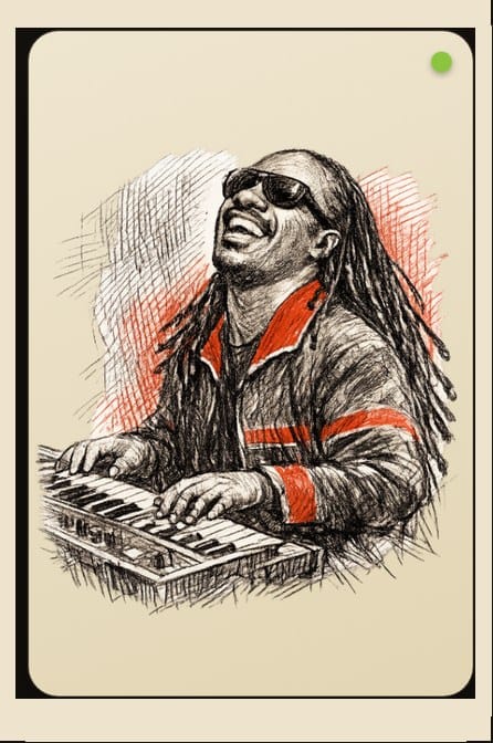 Illustrated portrait of Stevie Wonder playing keyboards