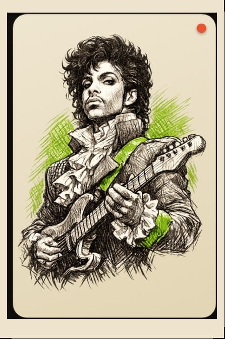 Illustrated portrait of Prince playing guitar