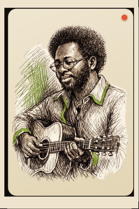 Illustrated portrait of Curtis Mayfield playing acoustic guitar