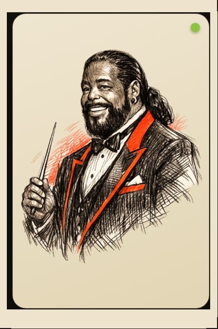 Illustrated portrait of Barry White conducting the Love Unlimited Orchestra