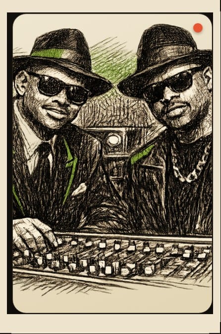 Illustrated portrait of producers Jimmy Jam and Terry Lewis