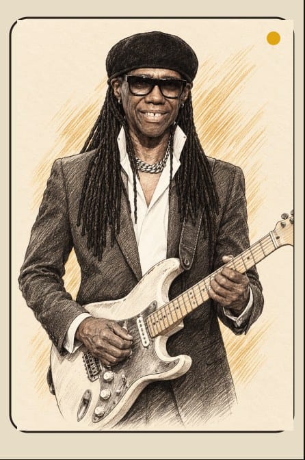 Illustrated portrait of producer Nile Rodgers with his Stratocaster guitar