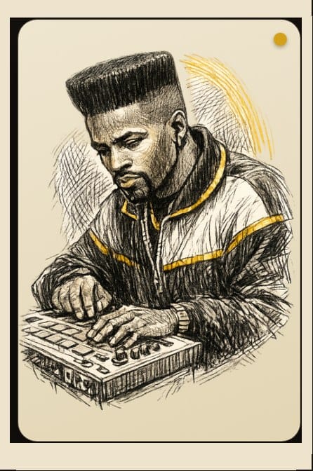 Illustrated portrait of New Jack Swing producer Teddy Riley at a drum machine