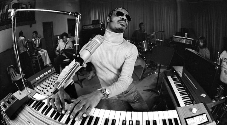 Stevie Wonder playing keyboards in the studio during the Songs in the Key of Life era, 1976